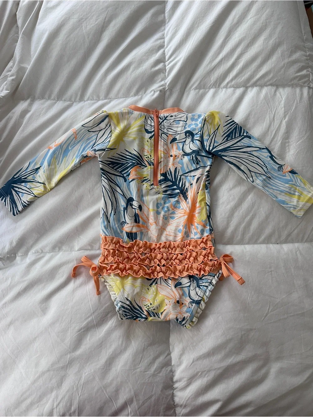 RuffleButts Birds of Paradise One-Piece Long Sleeve Rash Guard Swimsuit 18-24m